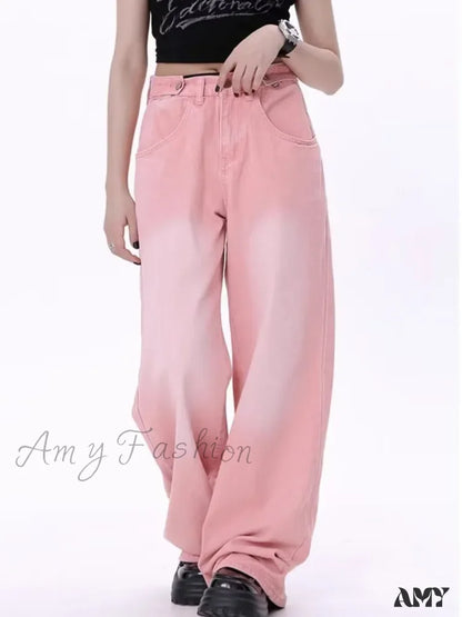 Amy Fashion - Super Soft Thin High Street Slim Loose Autumn New Waist Wide Leg Women’s Jean Pink / S