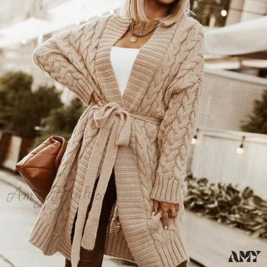 Amy Fashion - Sweater Cardigan Women Long Sleeve Lace-Up Loose Knitted Outwear Khaki / One Size