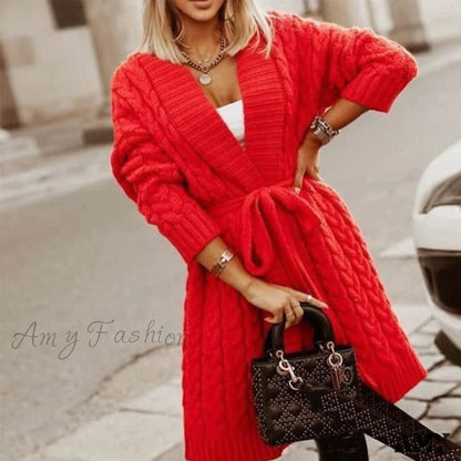 Amy Fashion - Sweater Cardigan Women Long Sleeve Lace-Up Loose Knitted Outwear Red / One Size