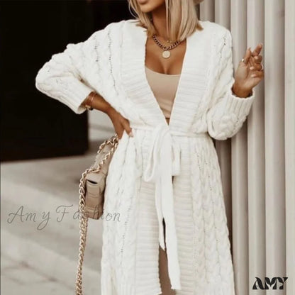 Amy Fashion - Sweater Cardigan Women Long Sleeve Lace-Up Loose Knitted Outwear White / One Size