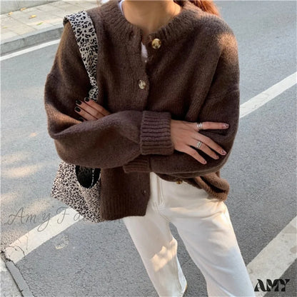 Amy Fashion - Sweaters Cardigans Warm Casual Arrival Solid Knitwear Loose Coat Brown / One Size