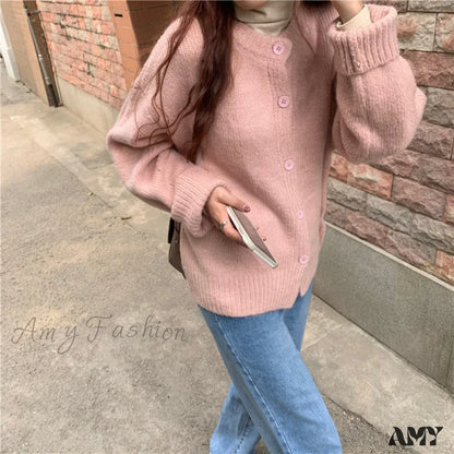 Amy Fashion - Sweaters Cardigans Warm Casual Arrival Solid Knitwear Loose Coat Pink / One Size