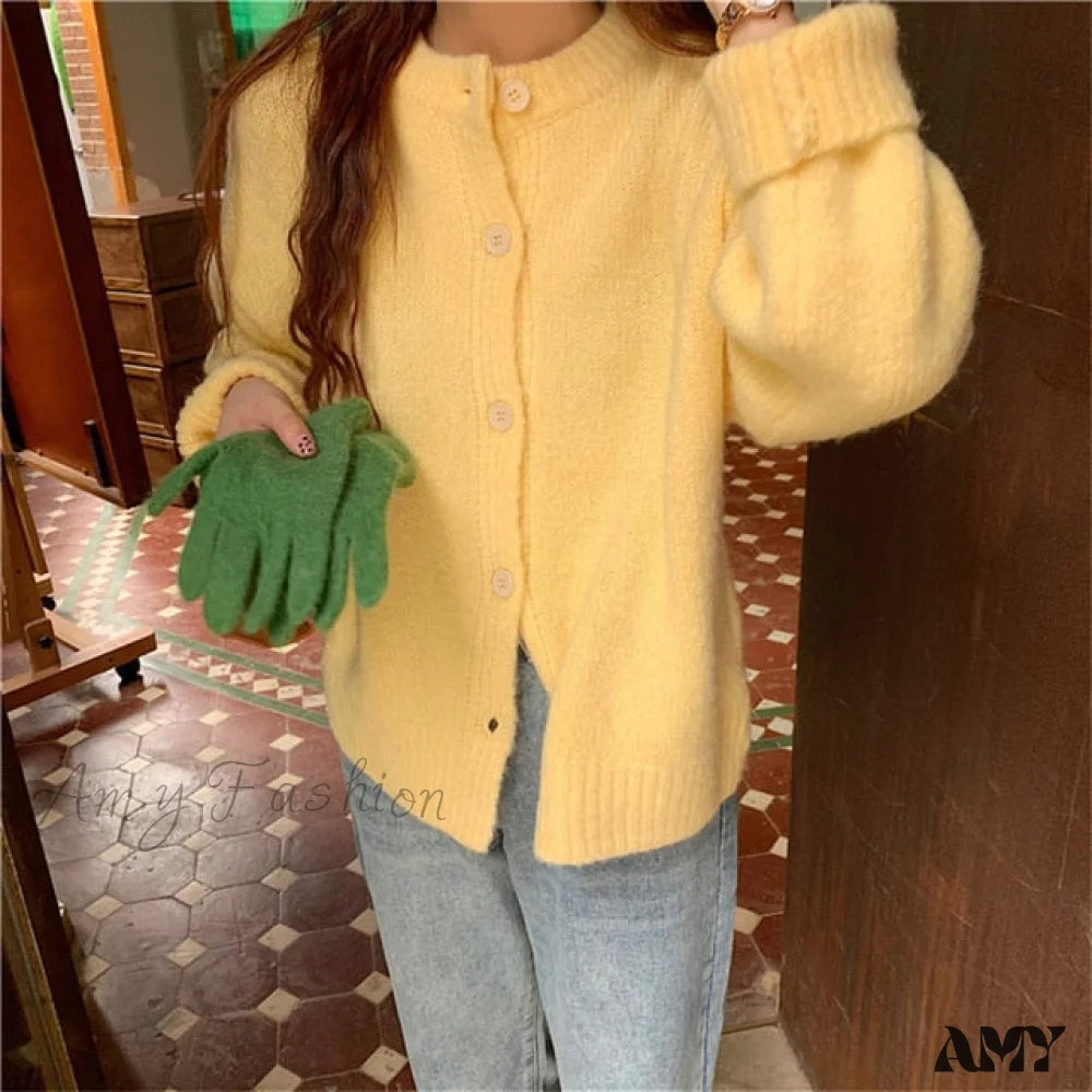 Amy Fashion - Sweaters Cardigans Warm Casual Arrival Solid Knitwear Loose Coat Yellow / One Size