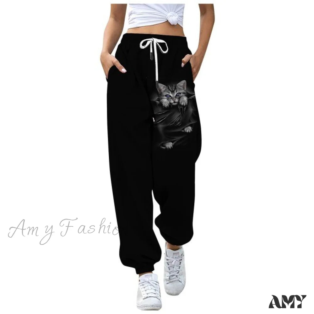 Amy Fashion - Sweatpants Casual Animal Printed Pattern Trousers Black / S