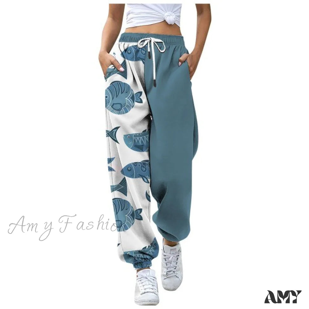 Amy Fashion - Sweatpants Casual Animal Printed Pattern Trousers Blue / S