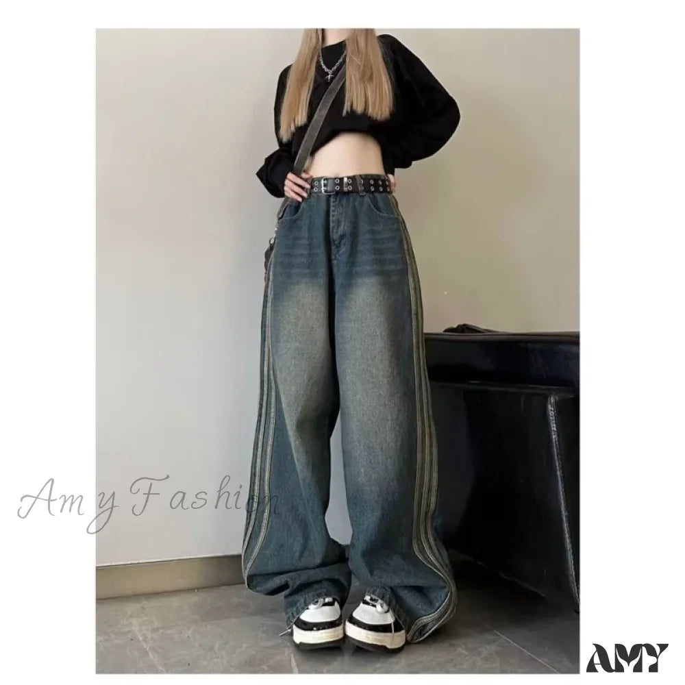 Amy Fashion - Sweeping Floor Spicy Girl Small Loose High Waisted Straight Leg Wide-Leg Jean