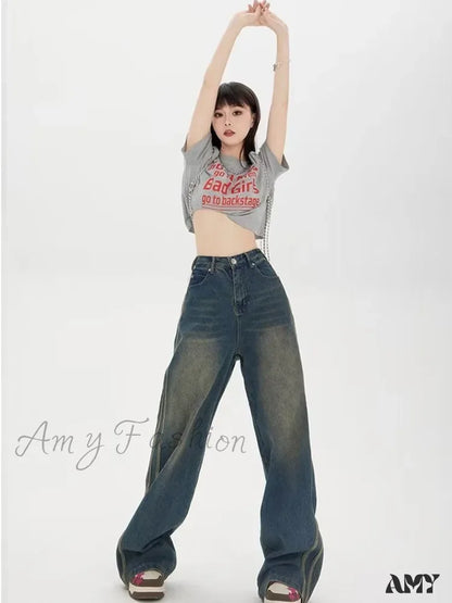 Amy Fashion - Sweeping Floor Spicy Girl Small Loose High Waisted Straight Leg Wide-Leg Jean