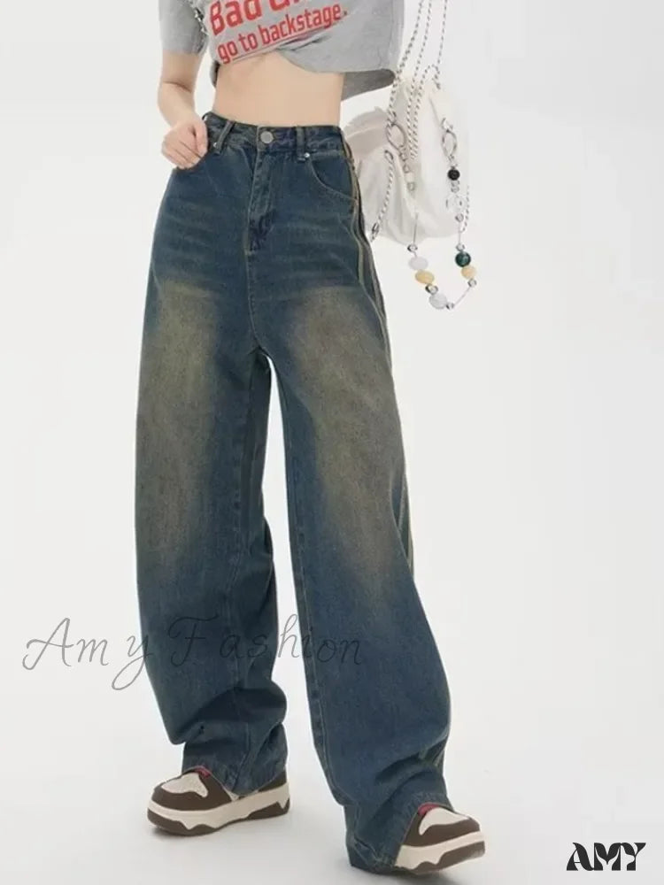 Amy Fashion - Sweeping Floor Spicy Girl Small Loose High Waisted Straight Leg Wide-Leg Jean