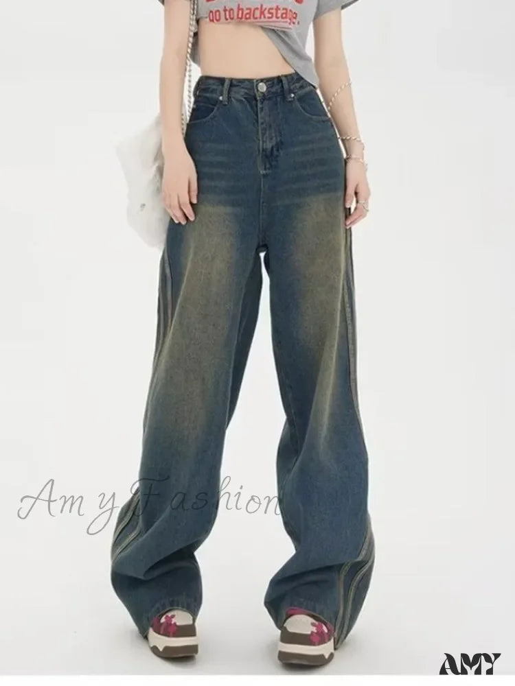 Amy Fashion - Sweeping Floor Spicy Girl Small Loose High Waisted Straight Leg Wide-Leg Jean