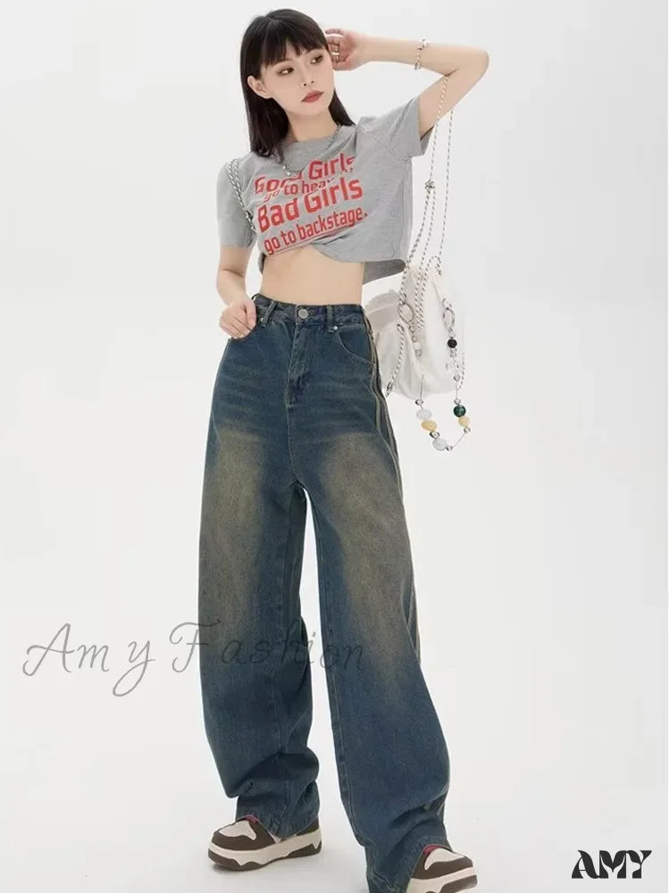 Amy Fashion - Sweeping Floor Spicy Girl Small Loose High Waisted Straight Leg Wide-Leg Jean