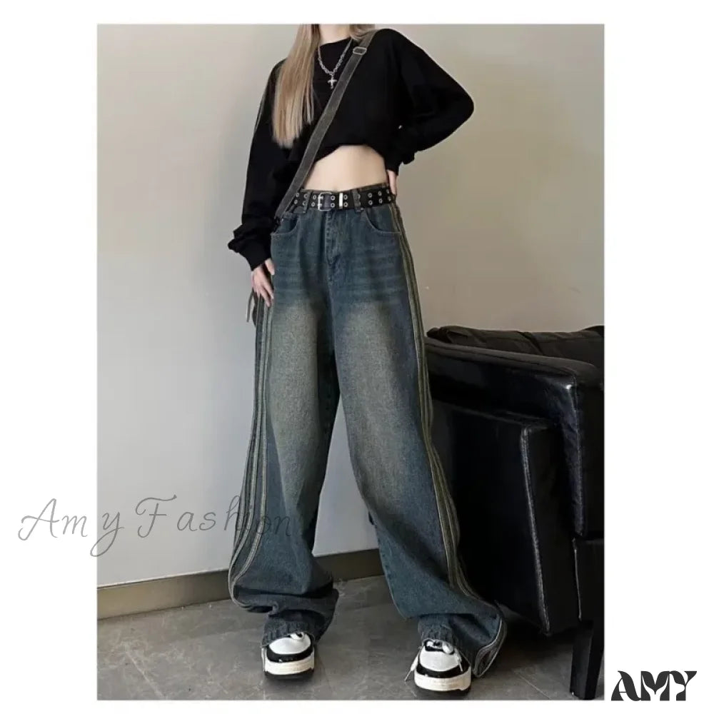 Amy Fashion - Sweeping Floor Spicy Girl Small Loose High Waisted Straight Leg Wide-Leg Jean