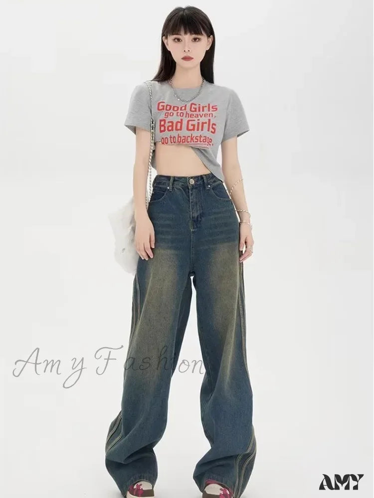 Amy Fashion - Sweeping Floor Spicy Girl Small Loose High Waisted Straight Leg Wide-Leg Jean