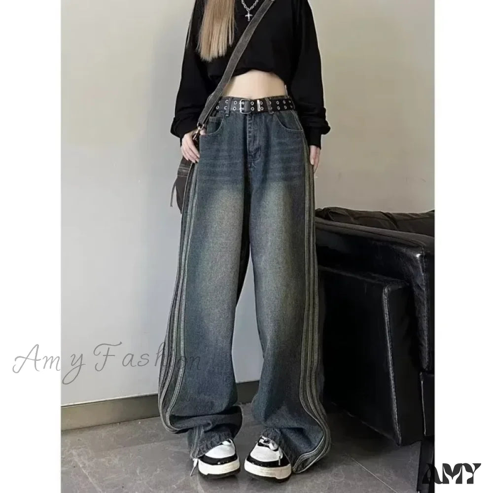 Amy Fashion - Sweeping Floor Spicy Girl Small Loose High Waisted Straight Leg Wide-Leg Jean Retro