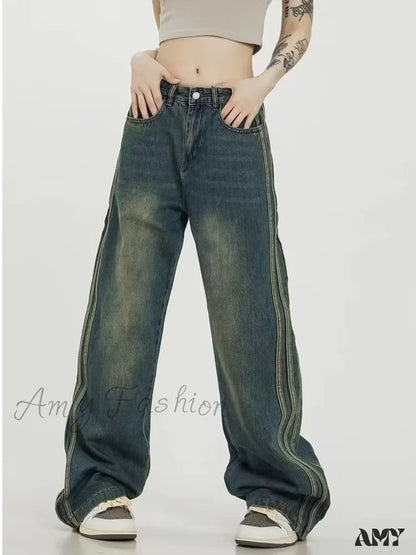 Amy Fashion - Sweeping Floor Spicy Girl Small Loose High Waisted Straight Leg Wide-Leg Jean Retro