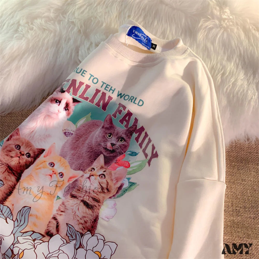 Amy Fashion - Sweet Cute Cat Print Crewneck Hoody Pullover