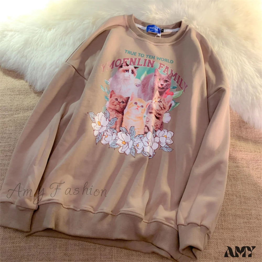 Amy Fashion - Sweet Cute Cat Print Crewneck Hoody Pullover