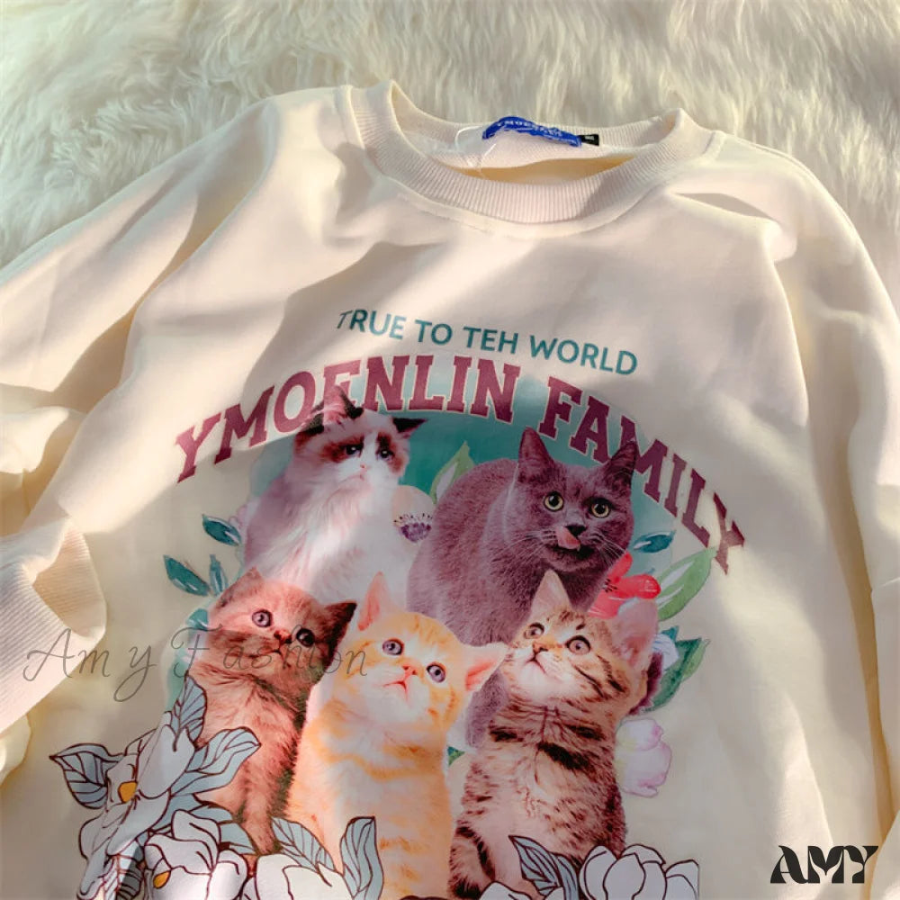 Amy Fashion - Sweet Cute Cat Print Crewneck Hoody Pullover Apricot / M