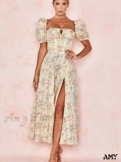 Amy Fashion - Sweet Fairy Short Sleeve Midi Floral High Waist Boho Dress