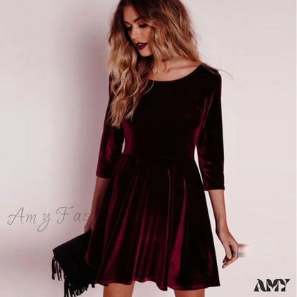 Amy Fashion - Swing Hem Velvet Long Sleeveparty Mini Dress