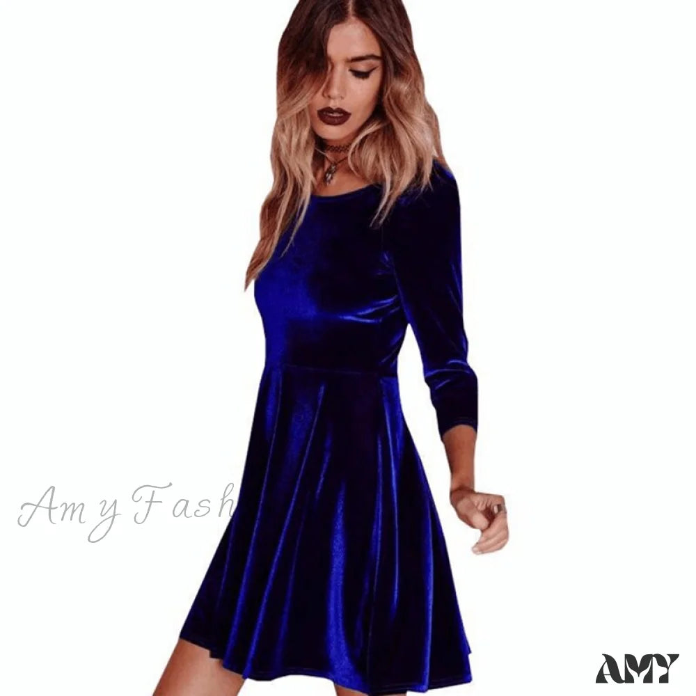 Amy Fashion - Swing Hem Velvet Long Sleeveparty Mini Dress