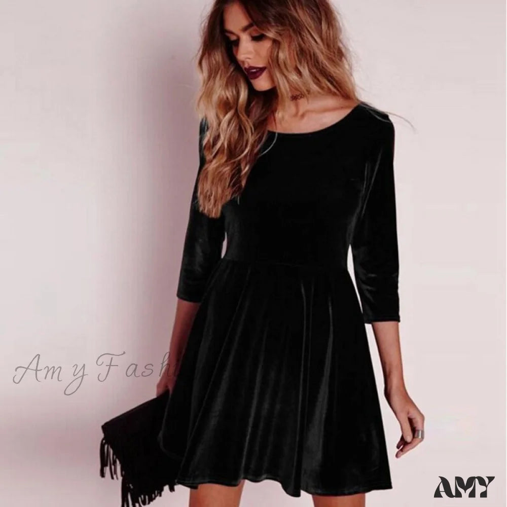 Amy Fashion - Swing Hem Velvet Long Sleeveparty Mini Dress