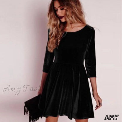 Amy Fashion - Swing Hem Velvet Long Sleeveparty Mini Dress Black / S