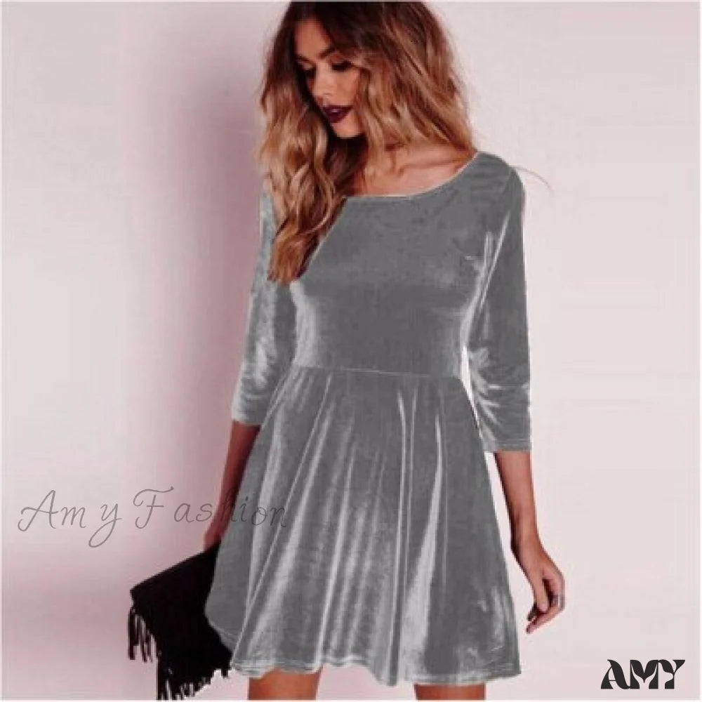 Amy Fashion - Swing Hem Velvet Long Sleeveparty Mini Dress Grey / S