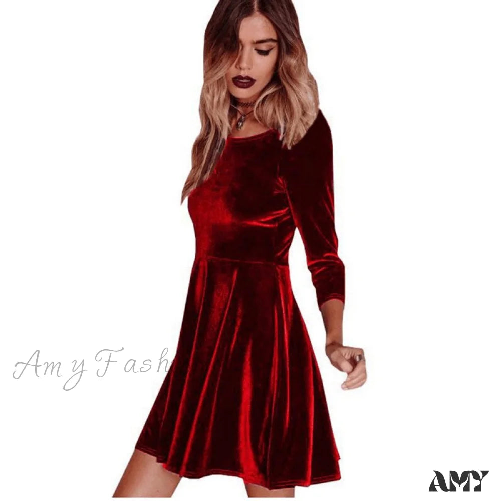 Amy Fashion - Swing Hem Velvet Long Sleeveparty Mini Dress Red / S