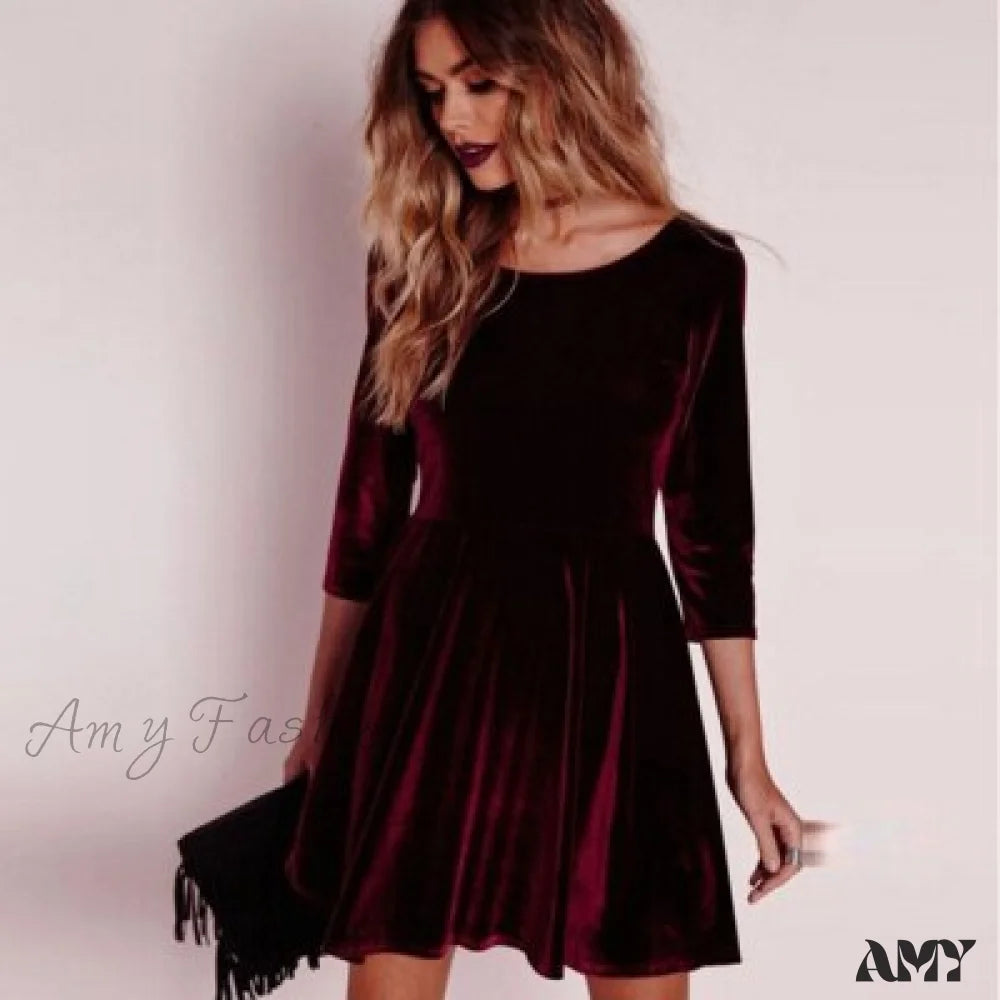 Amy Fashion - Swing Hem Velvet Long Sleeveparty Mini Dress Wine Red / S