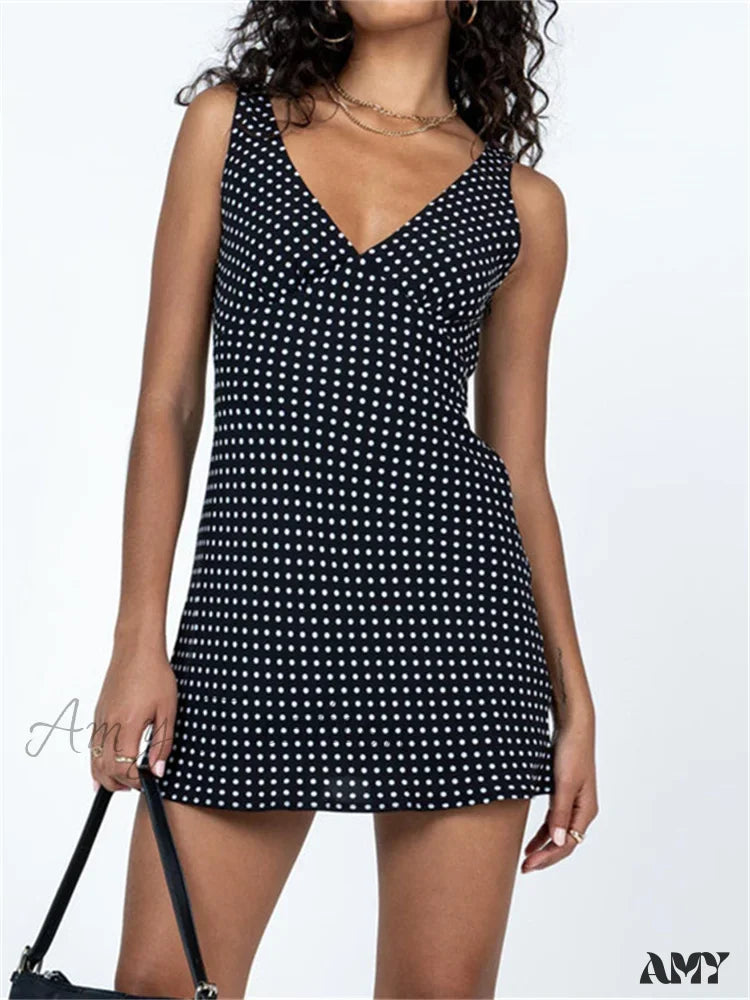 Amy Fashion - Tank Sleeveless Deep V Neck Dot Print Casual Mini Dress