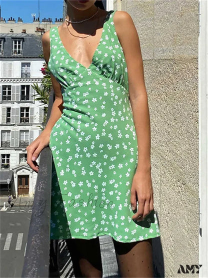 Amy Fashion - Tank Sleeveless Deep V Neck Dot Print Casual Mini Dress Green / S