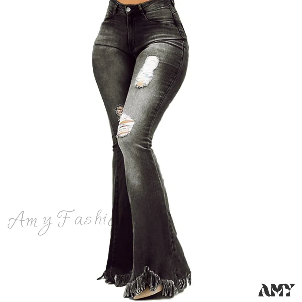 Amy Fashion - Tassel Ripped Skinny Full Length Vintage Denim Jean Black / S