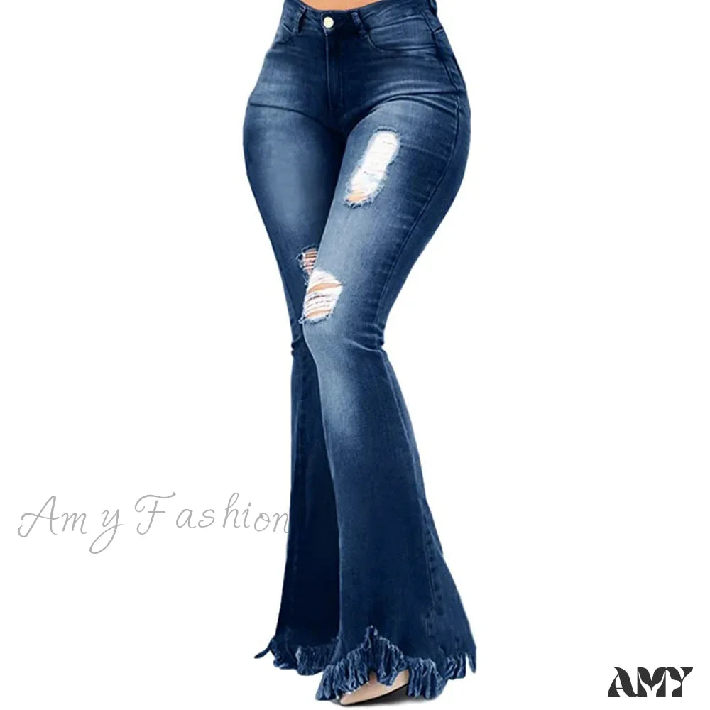 Amy Fashion - Tassel Ripped Skinny Full Length Vintage Denim Jean Dark Blue / S