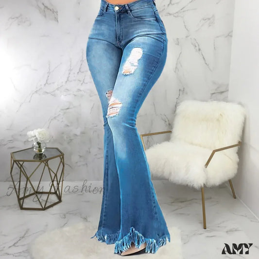 Amy Fashion - Tassel Ripped Skinny Full Length Vintage Denim Jean Light Blue / S