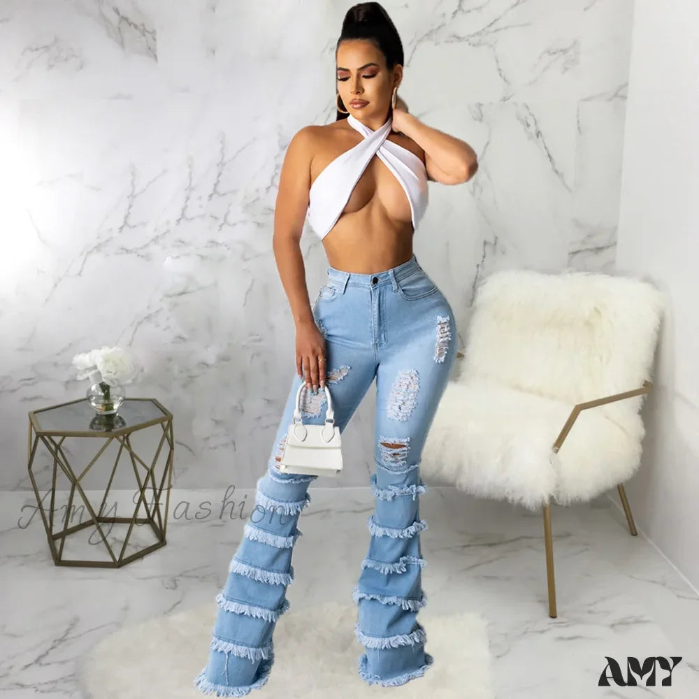 Amy Fashion - Tassel Thousand Layers Flared Design Light Blue Ripped Wide Leg Ladies Jean