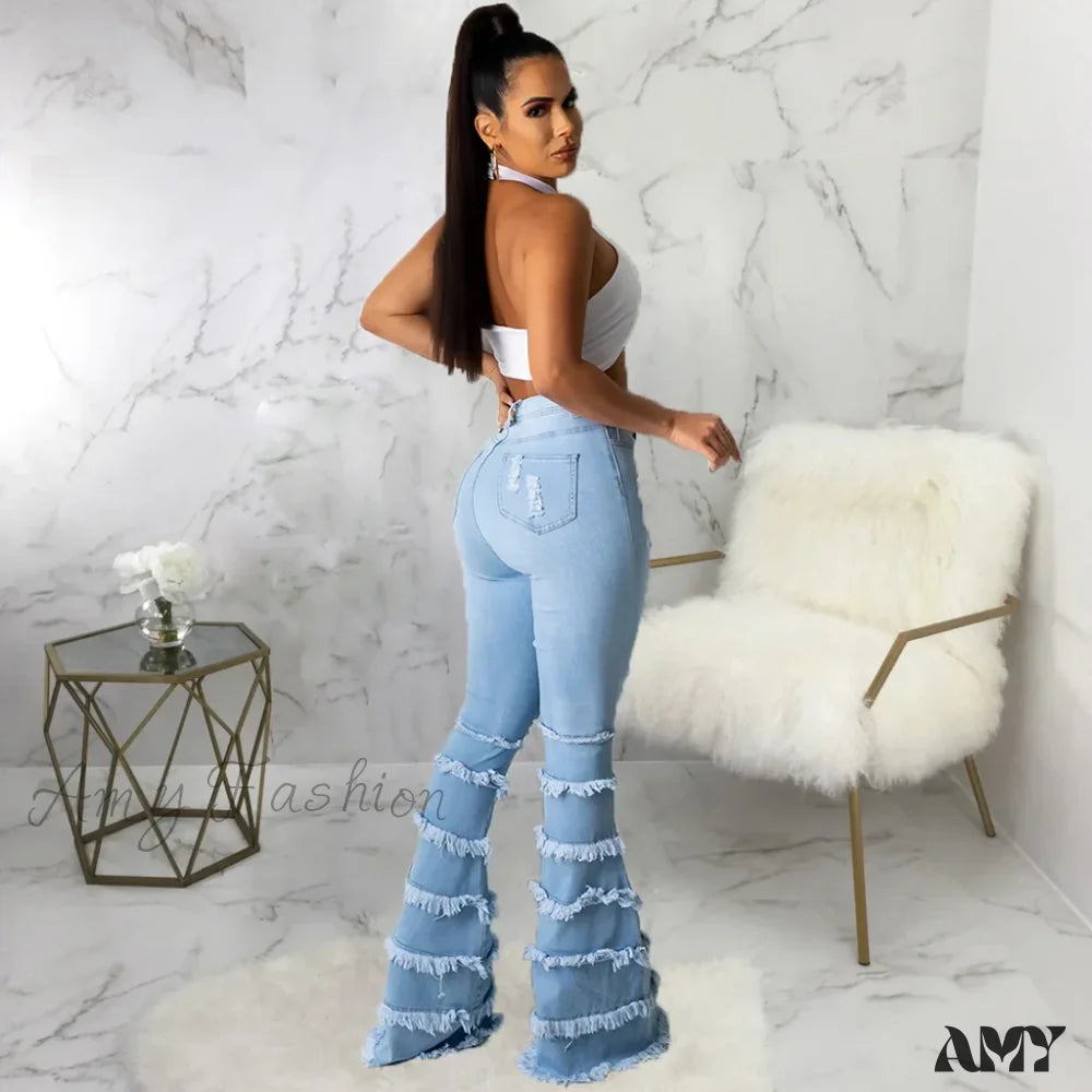 Amy Fashion - Tassel Thousand Layers Flared Design Light Blue Ripped Wide Leg Ladies Jean