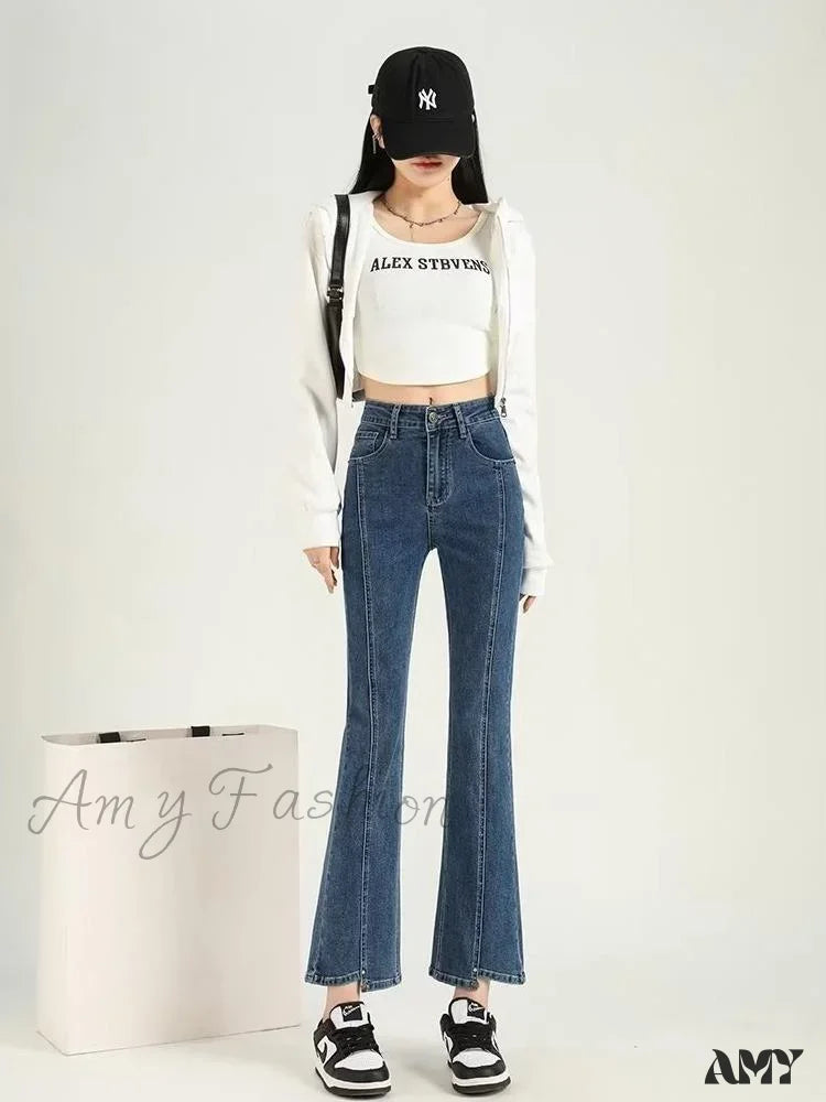 Amy Fashion - Teenagers Y2K Flare Autumn Baggy Vintage Harajuku Jean Deep Blue / Xs