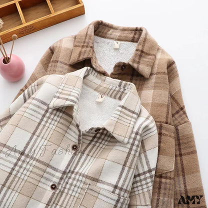 Amy Fashion - Thick Velvet Plaid Shirts Jacket