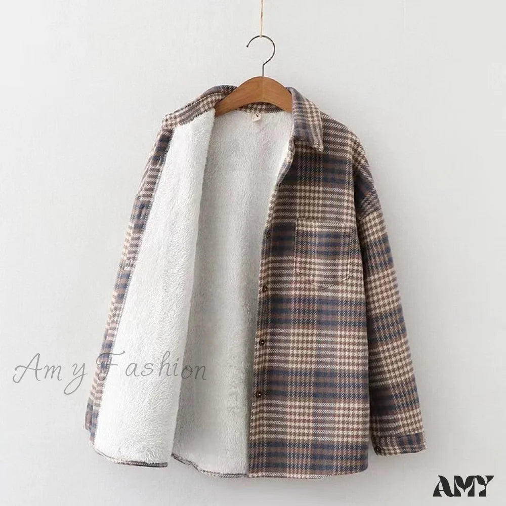 Amy Fashion - Thick Velvet Plaid Shirts Jacket