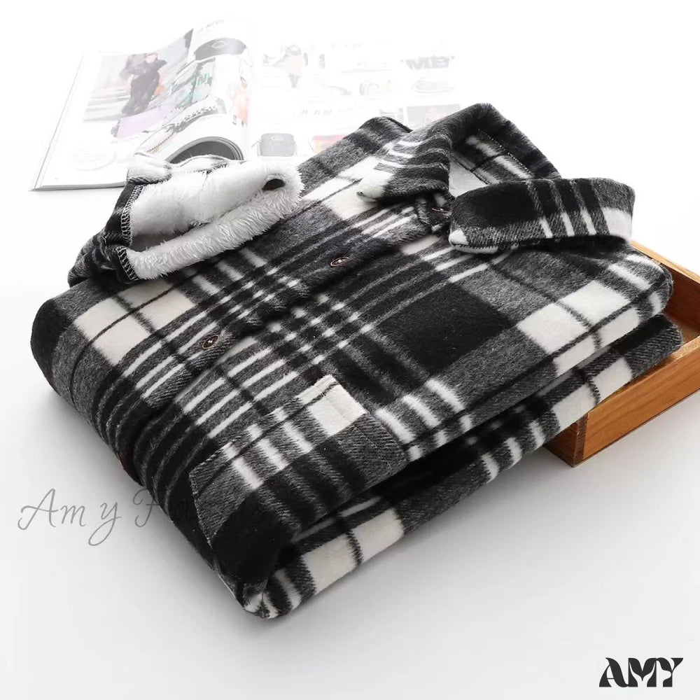 Amy Fashion - Thick Velvet Plaid Shirts Jacket Black White / S