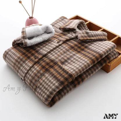 Amy Fashion - Thick Velvet Plaid Shirts Jacket Blue Khaki / S