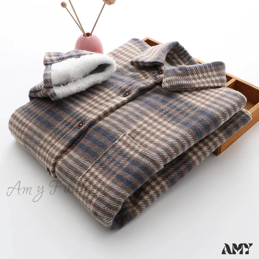 Amy Fashion - Thick Velvet Plaid Shirts Jacket Blue / S