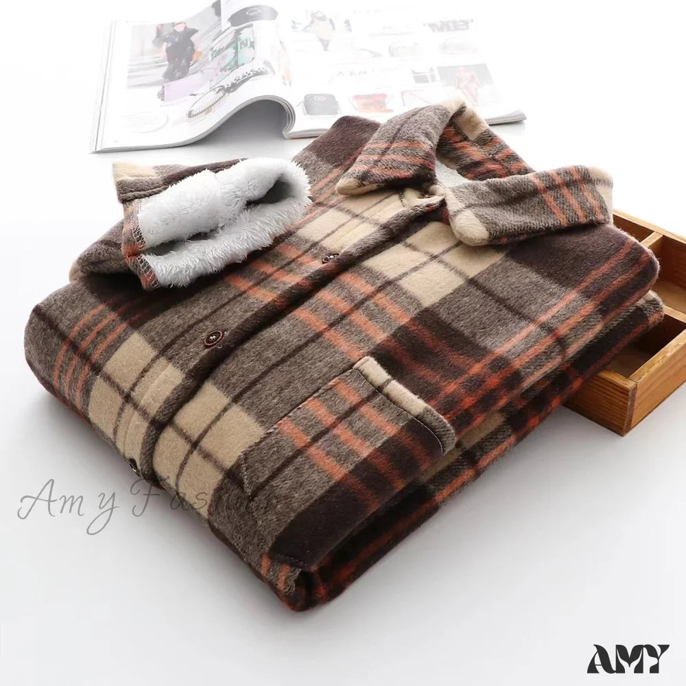 Amy Fashion - Thick Velvet Plaid Shirts Jacket Coffee / S