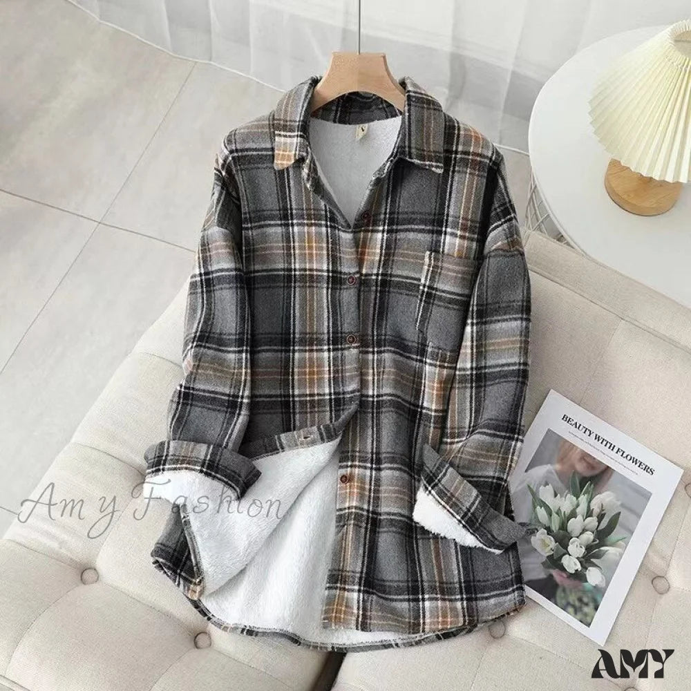 Amy Fashion - Thick Velvet Plaid Shirts Jacket Gray / S