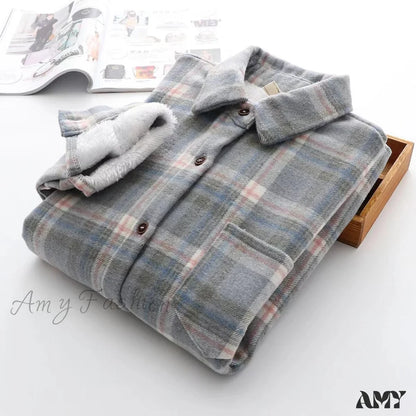 Amy Fashion - Thick Velvet Plaid Shirts Jacket Light Blue / S