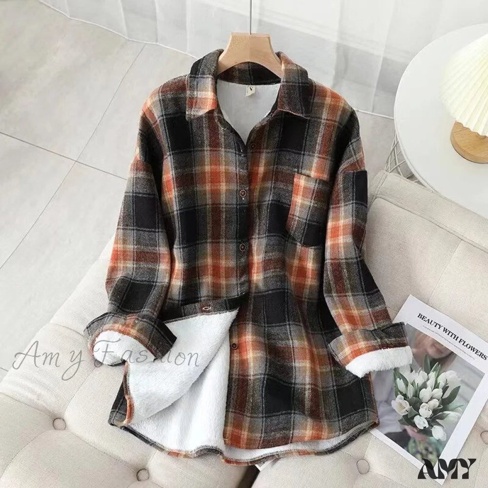 Amy Fashion - Thick Velvet Plaid Shirts Jacket Orange Black / S