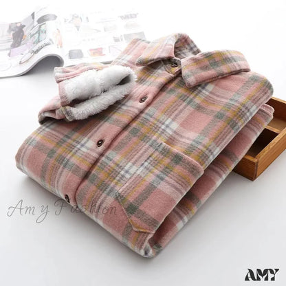 Amy Fashion - Thick Velvet Plaid Shirts Jacket Pink / S