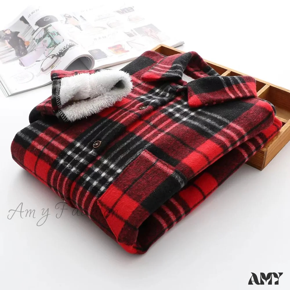 Amy Fashion - Thick Velvet Plaid Shirts Jacket Red / S