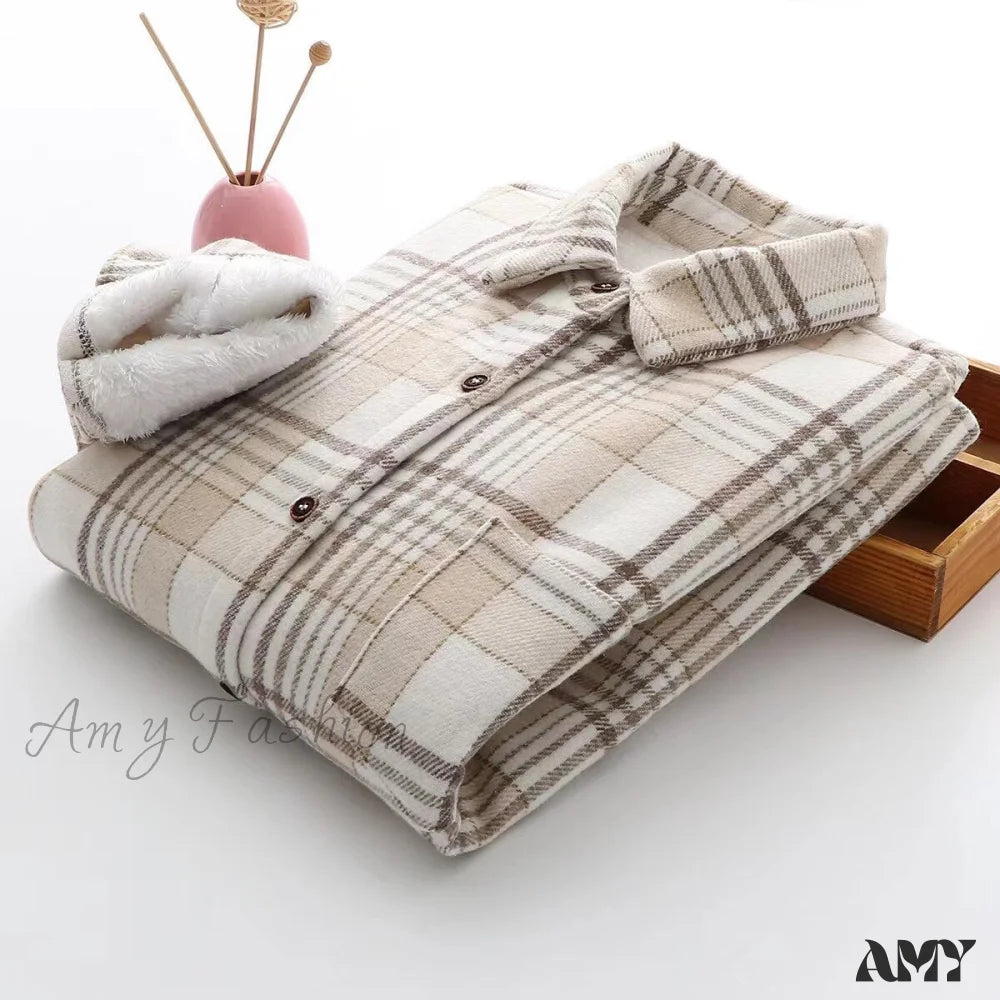 Amy Fashion - Thick Velvet Plaid Shirts Jacket White / S