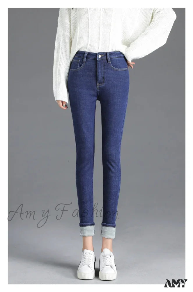 Amy Fashion - Thickened High Waist Warm Casual Slim Stretch Denim Plus Velvet Jean Blue / 25